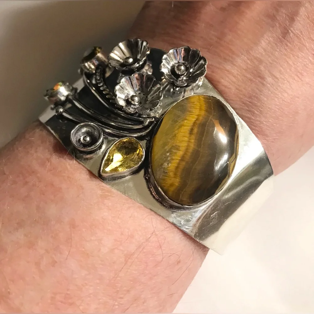 Tiger Eye Citrine Stamped Solid 925 Sterling Silver Cuff Bracelet